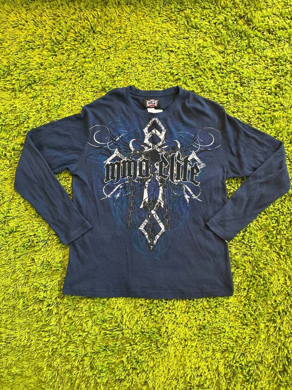 MMA Elite Men's Blue Waffle Knit Thermal Long Sleeve Shirt with Graphic Cross Pr